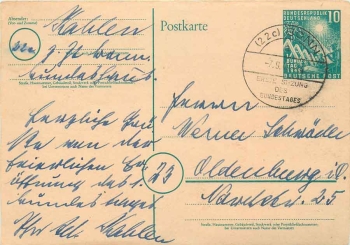 FRG postal stationery Bundestag 1949 special stamp (22c) Bonn 7.9.1949