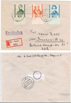 BRD Michel 223 224 225 on R letter Neuß1 to Dresden o 29.2.1956
