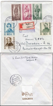 BRD Michel 222 223 225 and Berlin Michel 132-134 on R letter Neuß1 to Dresden o December 24, 1955