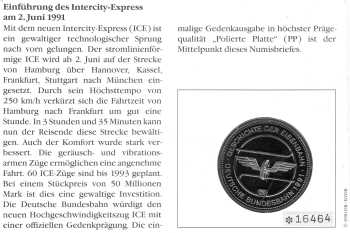 BRD Numisbrief ICE InterCityExpress Einführung 1991 mit Medaille