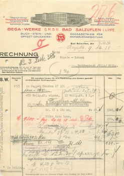 Bad Salzuflen Druckerei BEGA-Werke Briefkopf mit Fabrikansicht 1938 