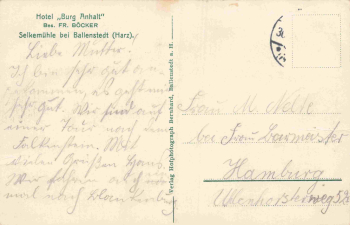 06493 Ballenstedt Harz Hotel "Burg Anhalt" Selkemühle o um 1920
