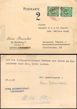 Bamberg 3 red oval fee paid cancellation on postcard o 23.4.1946 to Schwerin