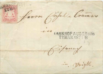 Bavaria Michel no. 23 3 Kreuzer on the front of the letter with stamp Augsburg train station 22. MAR. 1871