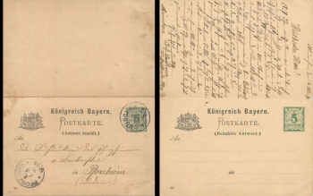 Bavaria stationary 5 Pfennig with reply card from Munich I May 6, 1892 to Pforzheim