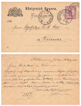 Bayern Ziffer 5 Pfennig Ganzsache Wasserzeichen Wellen Senkrecht o Rothenburg 19.3.1888 nach Weimar