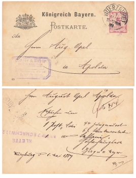 Bavaria number 5 Pfennig postal stationery watermark waves horizontal o Würzburg 1.5.1889