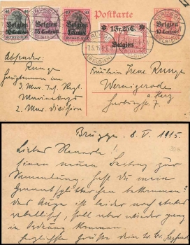 Belgien 10 Centimes Ganzsache 10 Pfennig GermaniaBelgien 10 Centimes Ganzsache 10 Pfennig Germania mit Zusatzfrankatur Michel 5 bis 8 o Brügge 7.5.1915