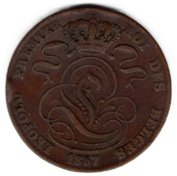 Belgium 5 centimes 1857 Leopold I copper coin