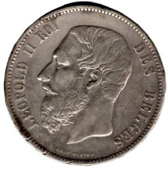 Belgium 5 Francs 1873 Leopold II Silver Coin