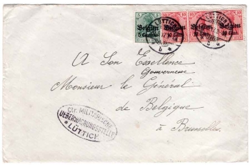 Belgium 5 centimes and 10 cents on Germania Michel 2 and 14 on cover Liège surveillance office o May 20, 1917