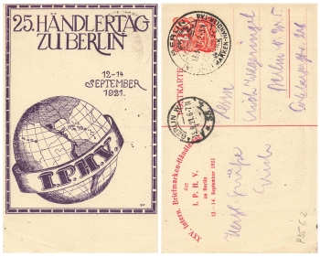 Berlin stamp dealer day 1921 private postal stationery PP52C3 special cancellation September 13, 1921 without additional print