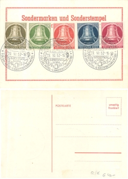 Berlin Michel 82-86 o Freiheitsglocke rechts auf Karte ​​​​​​​mit Sonderstempel Bundesfachschau Berlin 23.10.1952