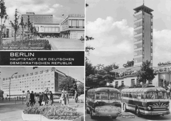 Berlin, capital of the GDR – multi-view postcard featuring a bus, c. 1970