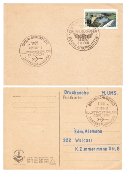 Airmail salon of the GDR special cancellation Berlin Schönefeld central airport November 3rd, 1968