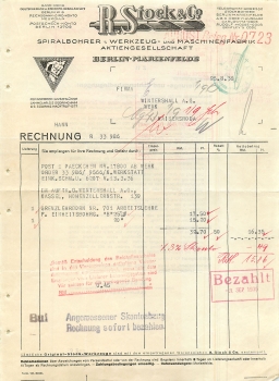 Berlin Marienfelde Maschinenfabrik R. Stock & Co. Letterhead 1936