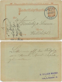Berlin packet ticket 2 Pfennig o 7.5.1881 private post office