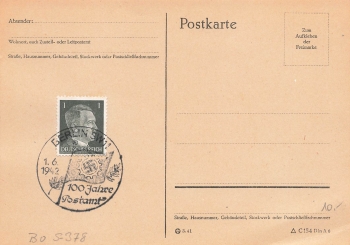 Berlin SW11 special stamp 100 years of post office on card June 1, 1942