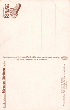 Berlin Palace artist postcard, H. R. Schule, advertisement for "Senftenberger Kronen-Brikett" (Senftenberg Crown Briquettes) – c. 1920