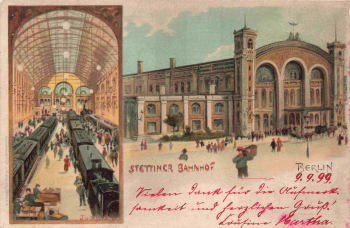 Berlin Stettiner Bahnhof, artist-illustrated postcard by Josef von Kulas, lithograph, vintage postcard, c. 1899