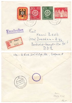 Berlin West Michel 137 138 139 FDC on R-Letter o Neuss 1 May 12, 1956 to Dresden
