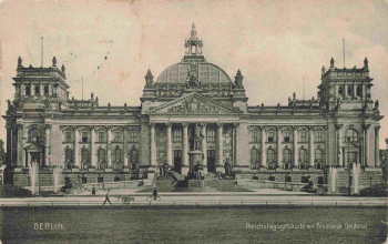 Berlin Reichstag Building and Bismarck Monument, original vintage postcard, c. 1909