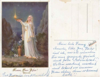 Engel schaut in Himmel mit Nachtlicht, * ca. 1940Betendes Frau Künstlerkarte * ca. 1920