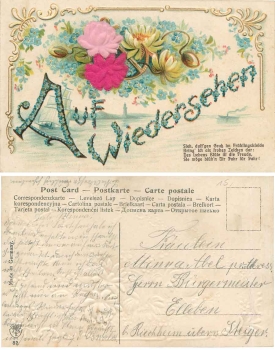 Vergiß-mein-Nicht Prägekarte mit Stoffapplikation gebr.ca. 1910