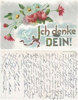 Blumen mit Brieftaube "Ich denke Dein" Künstlerkarte gebr. ca. 1920