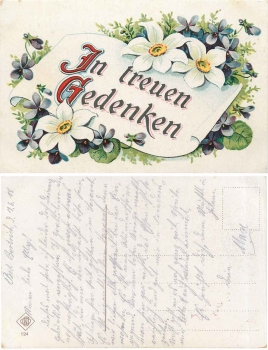 Blumenkarte "In treuen Gedenken" gebr. 7.6.1918