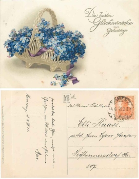 Blumenkorb mit Vergissmeinnicht Geburtstagskarte M&B 2285 o 4.8.1918
