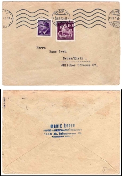 Böhmen und Mähren Michel 113 und 93 auf Brief o Prag 31 20.2.1943 nach Neuss