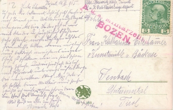Austria military censorship Bozen South Tyrol November 14th 1915 on AK