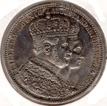 Brandenburg-Prussia 1861 Coronation Thaler King Wilhelm and Queen Augusta  Catalog number: Jäger 87  Material: Silver Weight: 18.52 g Fineness: 900‰ (fine weight 16.67 g) Diameter: 33.00 mm
