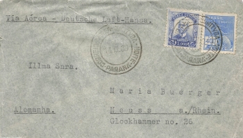 Brasil airmail letter Via Aerea Deutsche Lufthansa o March 14, 1939 to Neuss