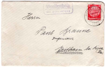 72119 Breitenholz over Herrenberg country postmark on letter o 1.6.1935