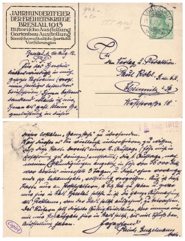 Breslau centenary celebration 1913 exhibition private postal stationery o August 15, 1912