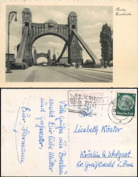 Breslau-Lilienthal via Breslau 1 country postmark on postcard Kaiserbruecke o 28.11.1940
