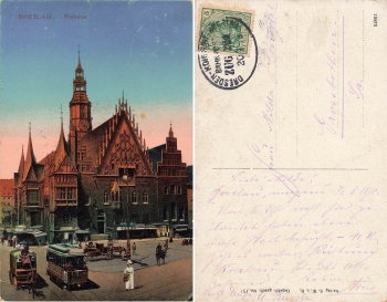 Breslau Schlesien Rathaus Wroclaw Bahnpost Dresden-Kohlfurt-Breslau Zug 264 o 1915