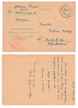 British occupation postal stationery 6 Rpf. paid with red stamp Elmshorn fee paid o Neumünster February 25, 1946