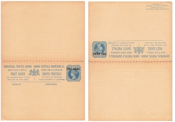 British India Post Card One and Half Anna Overprint ONE ANNA Answer Postal Stationery 1898 *
