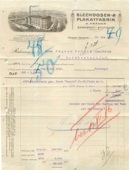 Cannstatt Wernerstrasse 45 Blechdosen- & Plakatfabrik G. Krämer Briefkopf mit Fabrikansicht 1916