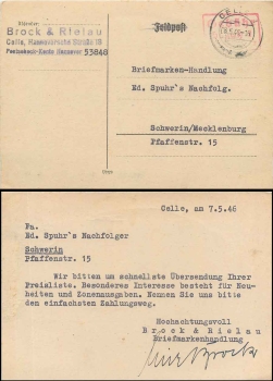 Celle red paid stamp on field postcard o May 8, 1946 to Schwerin