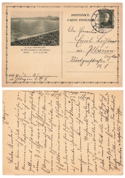 Ceskoslovensko 1-20 Koruny picture postal stationery IX Slet Vsesokolsky Praha o Elbogen 5.10.1932 to Plauen