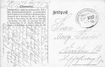 Chemnitz, Saxony, City Hall – Dresden-Reichenbach (Vogtland) Railway Post, Train 1017, 1915