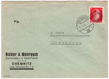 Chemnitz OPD blackening AP 788 12 Pfg Hitler on letter July 31, 1945 to Meissen