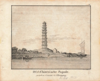 Chinesische Pagode zwischen Canton in Whampoa original Lithographie um 1837