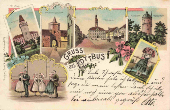 Cottbus Mehrbildlitho mit Trachten o 1900