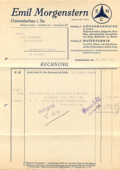 Crimmitschau Briefkopf Firma Emi Morgenstern Wattefabrik 1938