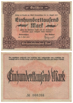 Crimmitschau Einhunderttausend Mark Gutschein 31. Juli 1923 Notgeld